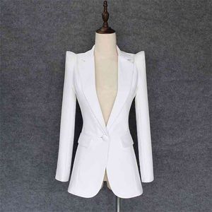Yüksek kaliteli moda tasarımcısı blazer ceket kadın yükselen omuzlar tek düğme dış aşınma 210521