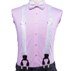 Hi-Tie Floral Designer Luxury Wedding Suspender and Bow Tie Set for Men Adult Vintage Fashion Silk White Braces Metal 6 Clips