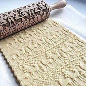 Christmas Embossing Rolling Pin Baking Cookies Noodle Biscuit Fondant Cake Dough Engraved Roller Reindeer Snowflake#291171 211008