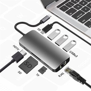 متعددة الوظائف 8 في 1 محور USB-C إلى 3XUSB3.0 HDTV SD TF Reader Reader Gigabit Ethernet Type-C PD شحن محول لماك بوك