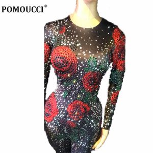 Jumpsuits Mulheres Macacões Aniversário Comemore Dança Festa Stage Bodysuit Sparkly Strass Jumpsuit Black Rose Flores Desgaste Leggings