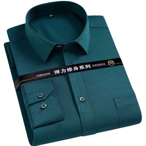 Erkek Streç Katı Elbise Gömlek Kırışıklık Karşıtı Uzun Kollu Düz Casual Gömlek Erkek Normal Fit ütüsüz Kolay Bakım İş Elbiseleri Erkek 210708