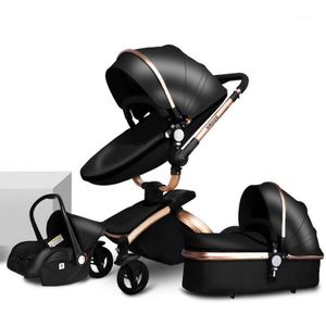 Коляски # Роскошная кожаная детская коляска 3 в 1, двухсторонняя подвеска, 2 безопасных автокресла, рожденная люлька, коляска, складная1
