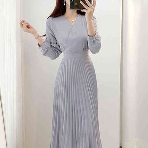 Yeni Gelenler 2021 Kore Chic Sonbahar Vintage V Yaka Uzun Kollu Katı Renk Şifon Pileli Elbise Ofis Bayan Rahat Midi Elbise Y1204
