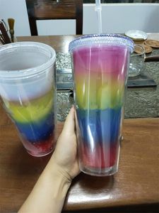 Tumbler Gökkuşağı Renk Değiştirme Bardaklar Kahve Kupalar BPA Ücretsiz Plastik Elmas Kapakları Su Şişesi Ile Saman Çift Duvar Içme Kupası A02