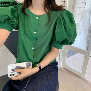 Şık Tops Yaz Kore Chic Kadınlar Puf Kollu Gömlek Zarif Ofis Bayanlar Bluzlar Rahat Gevşek Katı Blusas 210519