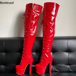Rontic Yeni El Yapımı Kadınlar Uyluk Çizmeler Unisex Kararlı Yüksek Topuklu Yuvarlak Ayak Pretty Kırmızı Siyah Beyaz Gece Kulübü Ayakkabı ABD Boyutu 5-16