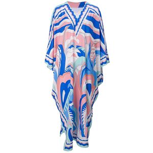 Moda Tasarımcısı Elbise Sonbahar kadın Elbise V Yaka Batwing Kol Baskı Gevşek Maxi Orta Doğu Robe Elbiseler 210524