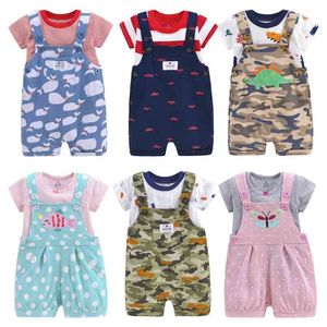 Marka Born-24m Kızlar Bebek Giysileri Yaz Romper Sevimli Karikatür Kısa Tulum Takım Elbise Pamuk O-Boyun 2 adet Setleri 210816