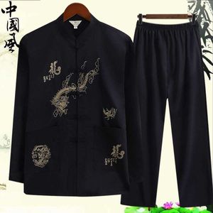 Bahar Uzun Kollu Erkekler Pamuk Tang Takım Geleneksel Çin Erkek Kung Fu Üniforma Rahat Giysileri Tai Chi Gömlek Gevşek Hanfu Set X0610