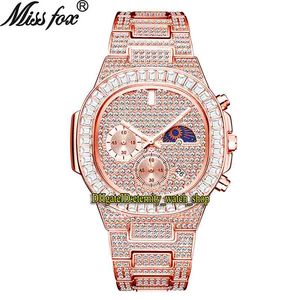 MISSFOX Eternity V313 Hip Hop Moda Erkek Saatler CZ Elmas Kakma Dial Kuvars Hareketi Erkekler İzle Buzlu Çıkışı Beyaz Büyük Elmaslar Çerçeve Alaşım Kılıf Gül Altın Kayış