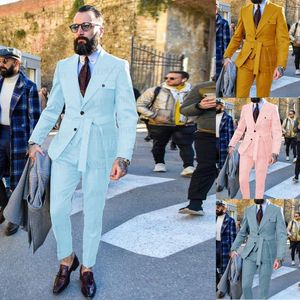 Erkekler Suits Blazers En Son Tasarımlar Erkekler İçin Yeşil İnce Fit Moda Sarı Damat Kemer Gelinlik Smokin Terlenmiş Blazer Yelek Pantolonlu