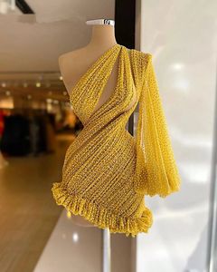 Короткие желтые платья-футляры на одно плечо для выпускного вечера 2022 для черной девушки больших размеров на заказ вечерние вечерние платья с хвостом