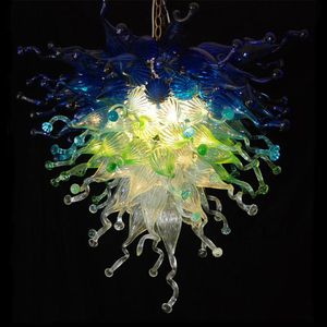 Moderne Pendelleuchte, LED-Kronleuchter, Italien, mundgeblasener Glas-Kronleuchter in Blau, Grün und klarer Farbe, urbanes Design, Esstischplatte, Kunstdekoration, 24 oder 28 Zoll