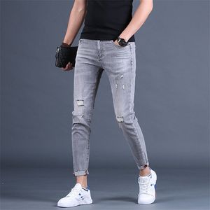 Оптом стирки дыма серые джинсы мужские лодыжки длина брюки брюки бренд тонкие ноги летом рваные отверстия корейский повседневный карандаш 211108