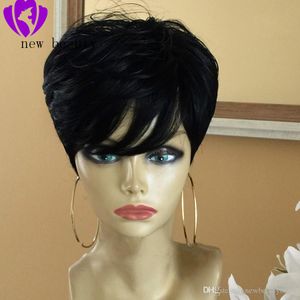 Kısa Pixie Kesim Hairstyle Peruk Siyah Kadınlar Için Ön Kopardı Dantel Ön İnsan Saç Bangs Düz Brezilyalı Bob Peruk