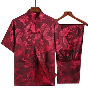 Erkek Tang Takım Geleneksel Çin Giyim Yemekler Için Pantolon Erkek Gömlek Oryantal Dragon Gömlek Üst Kung Fu Standı Yaka Hanfu X0610