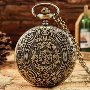 Black Silver Bronze Pocket Watch with Carved Flower Alloy Cover Antique Unisex Quartz Watches Necklace Chain Arabic Numeral Display Gift