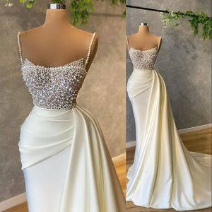 2021 Sexy Luxury Pearls Spaghetti Straps Prom Dresses Mermaid Evening Dress Beading Sequins Ruched Satin Sweep Train Party Gowns Open Back Plus Size