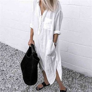 Kadınlar için yaz elbisesi Keten Maxi Gömlek Elbiseler Bayanlar Zarif Rahat Vestidos Kadın Tunik Artı boyutu 5XL Uzun Elbise Beyaz 210715