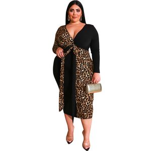 Плюс размер платье женские леопардовые платья кружева на шнурок сексуальный V шеи зима длинный рукав OL высокие талии карандаш платья оптом Dropshipping X0521