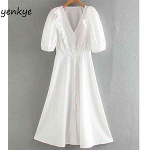 Zarif Kadınlar Beyaz Elbise Femme V Boyun Fener Kollu Fırfır Sundress Modern Kadın Yaz Parti A-Line MIDI Vestido XNWM955 210514