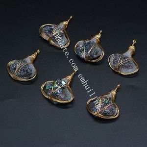 Gökkuşağı Titanyum Kaplamalı Kuvars Druzy Geode Akik FreeForm Kolye Oval Altın Kaplama Tel Sarılmış Doğal Kristal Küme Gemstone Reçine Taban El Yapımı Charms