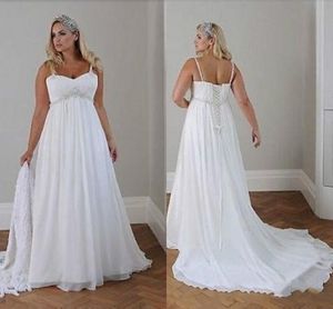 Vestidos de Noiva Plus Size Modestos Casamento na Praia Chiffon A Line Até o Chão Alças Espaguete Rendas nas Costas Simples e Elegante Vestidos de Noiva Boho