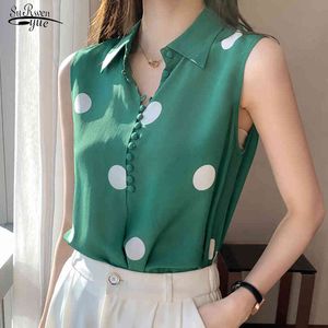 Yaz Kolsuz Polka Dot Gömlek Kadın Casual Baskı Kadın Giyim Düğmesi Açın Yaka Kadın Bluz Blusas 14452 210508