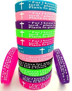 Todo 100 PCS Assorted Color Oração Cross Cross Borracha Silicone Pulseiras Jesus Christian Braceletes Lord's Charm Jewelry