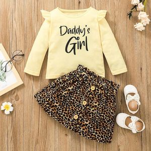 Девушки одежда набор писем топы + леопардовые наряды осень 0 2021 детская бутика одежда 1-5T детей хлопок с длинными рукавами 2 шт.
