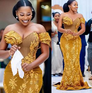 Altın Dantel Aplike Abiye 2022 Mermaid Ruffles Bir Omuz Artı Boyutu Afrika Aso Ebi Ladybeauty Balo Elbise Vestido