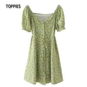 Yaz Elbise Çiçek Baskı Mini Puf Kollu Ülke Tarzı Chic Bluzlar Sashes A-Line Vestidos Mujer 210421