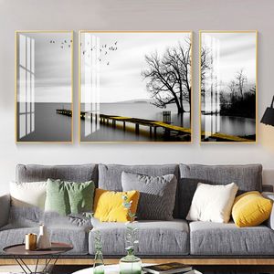 3 панели Черно -белые ландшафтные картины птичьи дерева стены картинки для гостиной холст