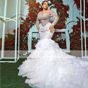 robe de mariée Mermaid Wedding Dress 2022 Sheer Long Sleeves Beads Crystal Ruffles Train Saudi Arabic Bride Party Gowns