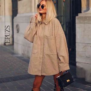 Woman Camel Loose Pocket Woolen Shirt Fashion Ladies Autumn Long Sleeve Thick Blouse Coat Female Outwear 210521