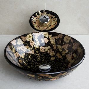 Yuvarlak tuvalet havzası damar vanity lavabo banyo mikser temperli cam lavabo musluk seti