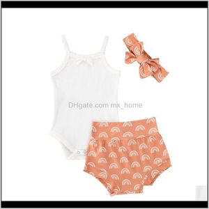 Giyim Bebek, Çocuk Annelik0-24 M Yaz Kız Pamuk Giysileri Setleri Bebek Sling Nervürlü Beyaz Kolsuz Romper Tops + Gökkuşağı Baskılı Şort + O