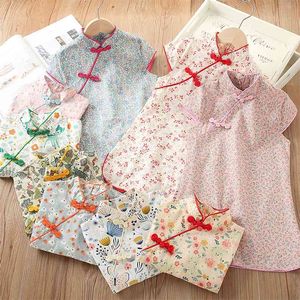 Yaz 2 3 4 6 7 8 9 10 Yıl Çin Etnik Vintage Stil Ekip Boyun Çiçek Pamuk Cheongsam Elbise Çocuklar Için Bebek Kız 210625