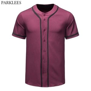 Erkek Düğme Aşağı Beyzbol Forması Hip Hop Swag Streetwear Tee Gömlek Homme Kısa Kollu Takım Üniforma Beyzbol T Gömlek Şarap Kırmızı 210522