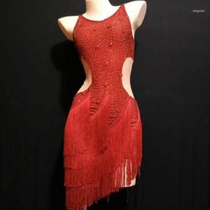 Сценическая одежда Блестящие серебристо-красные стразы с бахромой, наряд для вечеринки, дня рождения, празднования, женское платье для латинских танцев, женский танцевальный костюм Wear1