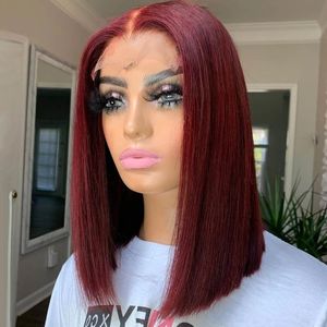 99J Bordo Kısa BoB Peruk Düz Renkli İnsan Saç Peruk Kadınlar Için Koyu Kırmızı Dantel Parçası Peruk Ön Koparıp Sentetik Saç
