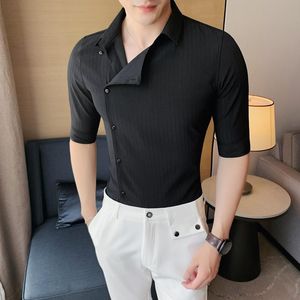 Erkek Casual Gömlek Benzersiz Placket Siyah Beyaz Yarım Kollu Ince Gömlek Erkek Iş Örgün Elbise Sosyal Streetwear Tops