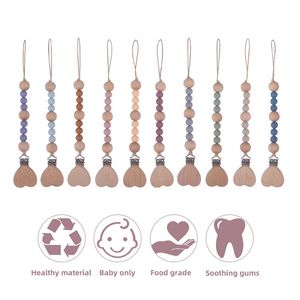 Натуральное сердце деревянные детские соску цепи силиконовые фиктивные держатели клипы пищевые сорта пищевые носовые новорожденные зубы практики игрушки для прорезывания зубов шариков M3752