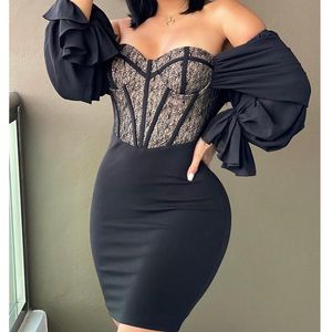 Günlük Elbiseler Mandylandy Düşük Kesim Siyah Bodycon Elbise Seksi Tüp Üst Kadınlar Slash Yaka Dantel Uzun Kollu Sıkı Yüksek Bel
