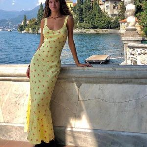 Günlük Elbiseler 2021 Kadın Yaz Kolsuz Elbise Yetişkinler Seksi Çiçek Baskı U-şekilli Boyun Sarı/Siyah