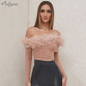 Kadın Seksi Kapalı Omuz Tüy Allık Örgü Sıkı Bandaj T-Shirt Yaz Vestido Kulübü Uzun Kollu Top 210527