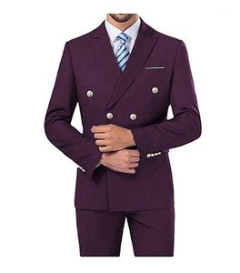 Мужчины костюмы 2 штуки свадебные двойные грудные брючные брюки устанавливают формальный бизнес черный серый фиолетовый зеленый синий цвет