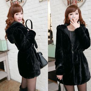 Оптово-Новая мода женщины Теплый искусственного меха LONG пальто Реверсивный куртка черного с капюшоном утепленная зима