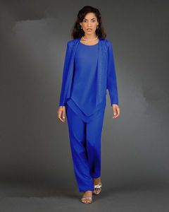Новый реальный образ дамы дизайнер 3-х частей / комплект синий шифон мать невесты брюки костюмы с длинными рукавами женщины вечерние платья Леди вечерние платья